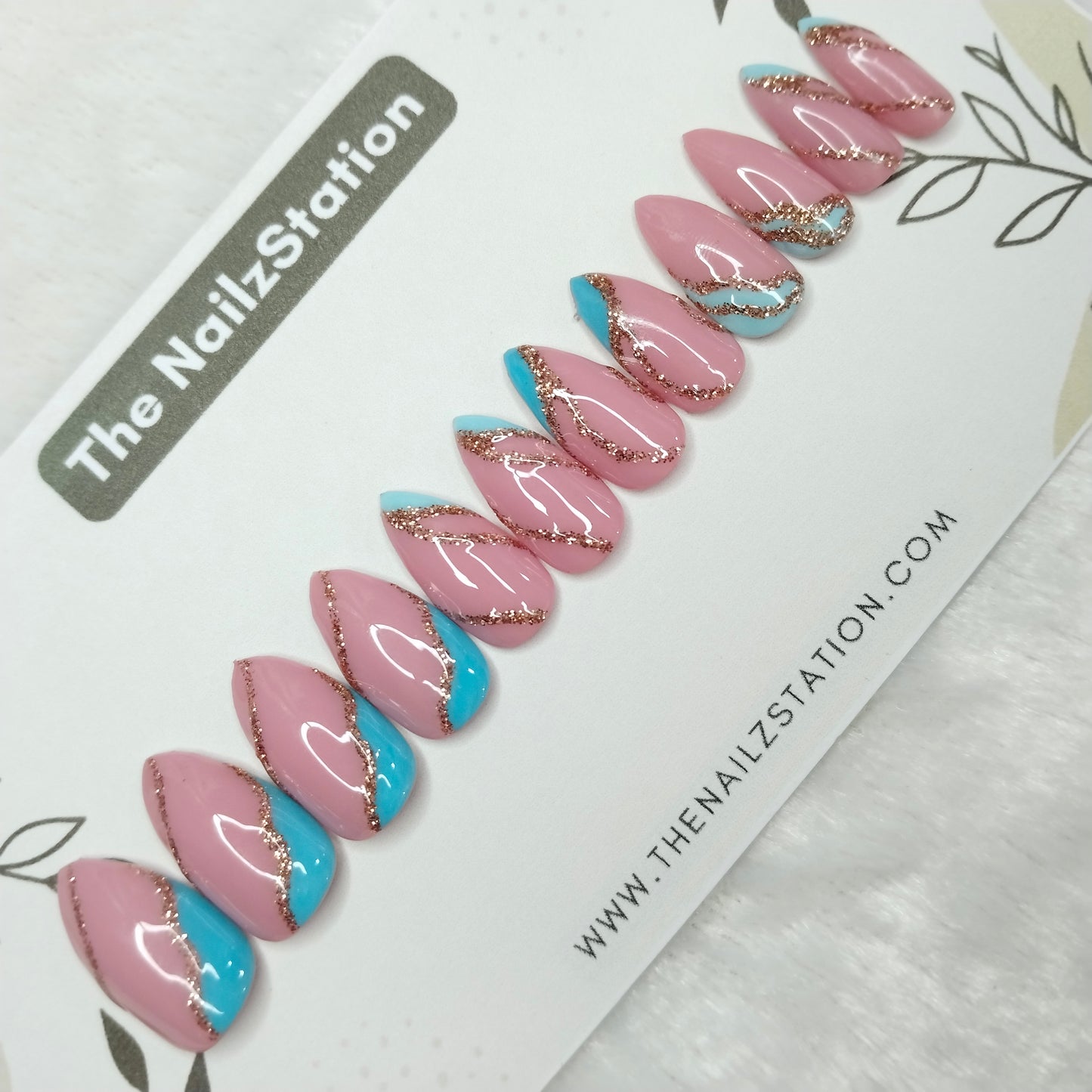 The NailzStation Glossy Blue Glitter Swirls Press on Fake Artificial Nails Set with glue, filer, sticker application kit // 1254