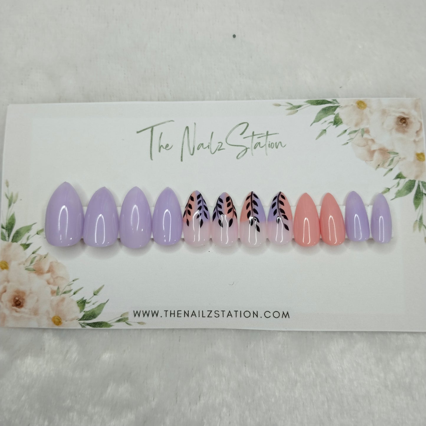 The NailzStation Glossy Peach Floral Press on Fake Artificial Nails Set with glue, filer, sticker application kit // 1252