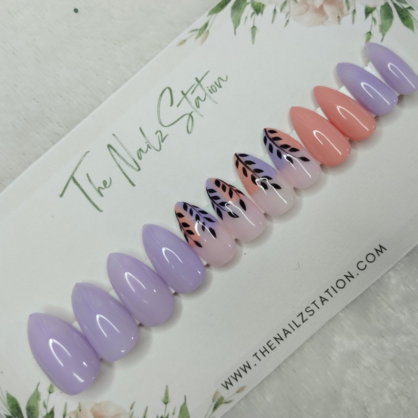 The NailzStation Glossy Peach Floral Press on Fake Artificial Nails Set with glue, filer, sticker application kit // 1252