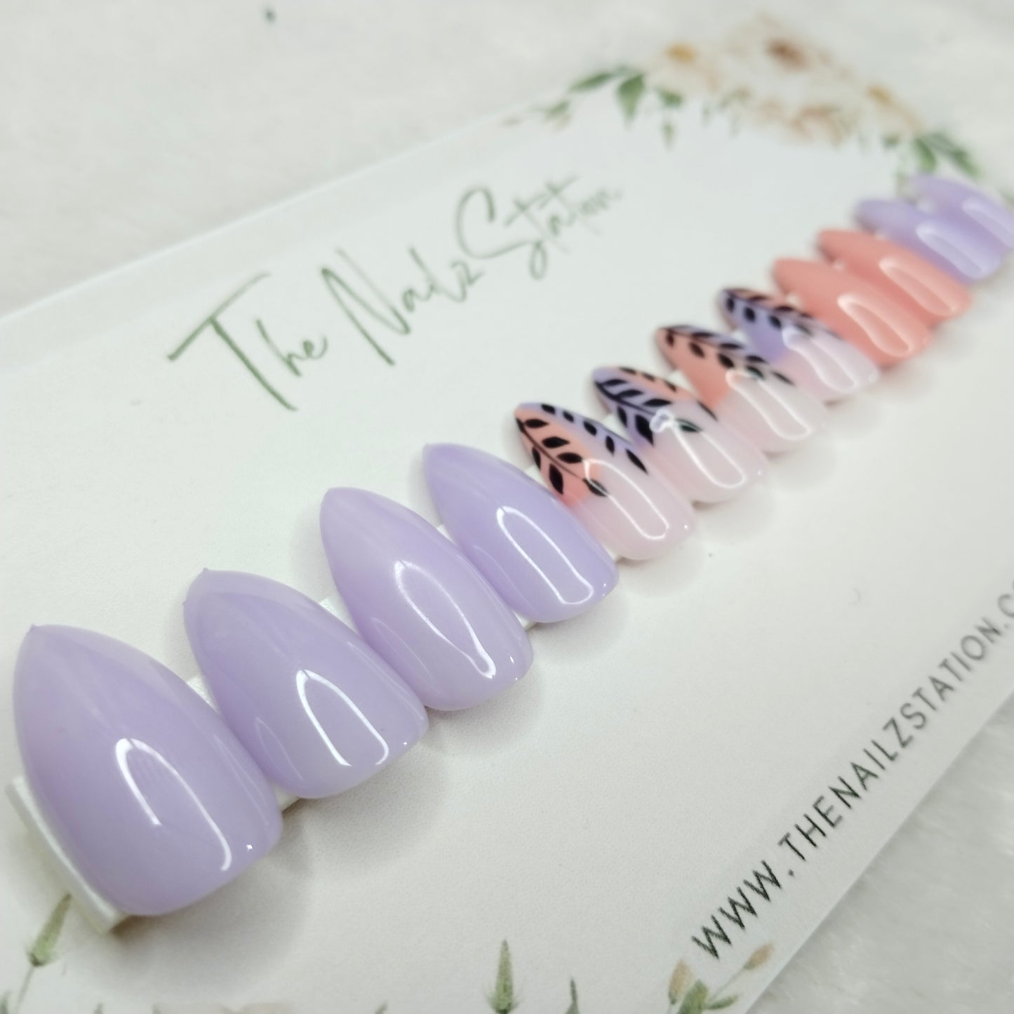 The NailzStation Glossy Peach Floral Press on Fake Artificial Nails Set with glue, filer, sticker application kit // 1252