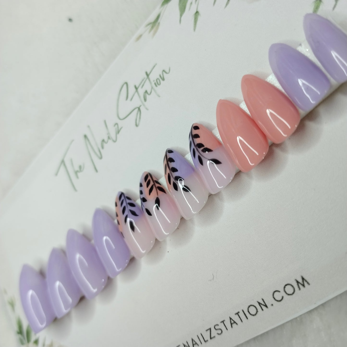 The NailzStation Glossy Peach Floral Press on Fake Artificial Nails Set with glue, filer, sticker application kit // 1252