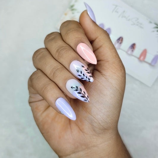 The NailzStation Glossy Peach Floral Press on Fake Artificial Nails Set with glue, filer, sticker application kit // 1252