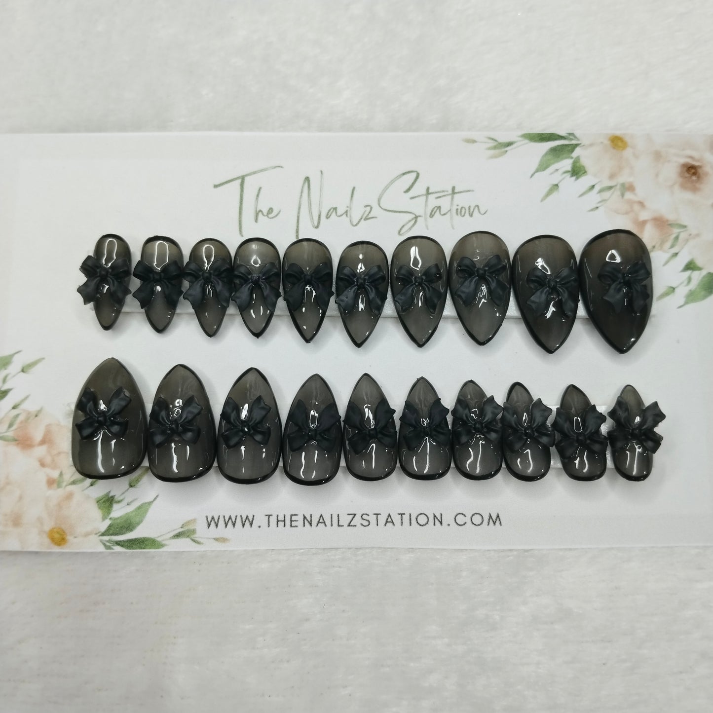 The NailzStation Glossy Black 3D Bow Press on Fake Artificial Nails Set with glue, filer, sticker application kit // 1398