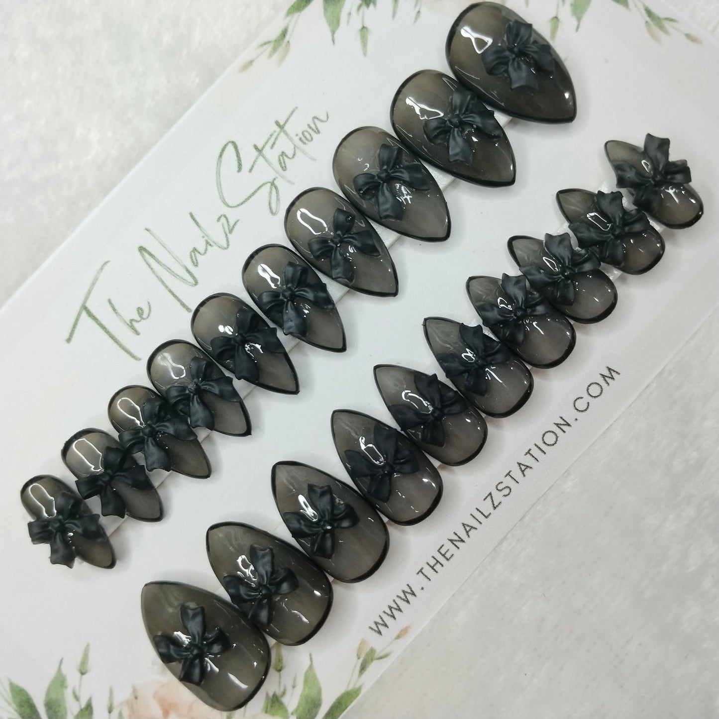 The NailzStation Glossy Black 3D Bow Press on Fake Artificial Nails Set with glue, filer, sticker application kit // 1398