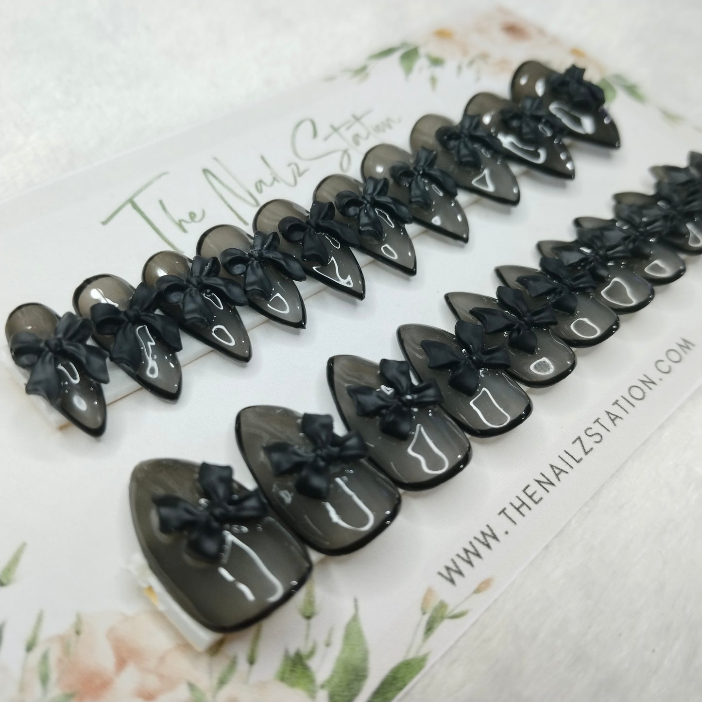 The NailzStation Glossy Black 3D Bow Press on Fake Artificial Nails Set with glue, filer, sticker application kit // 1398