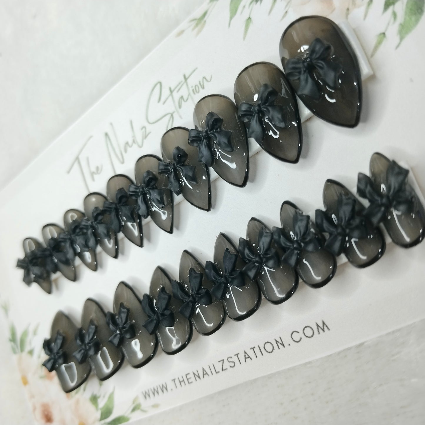 The NailzStation Glossy Black 3D Bow Press on Fake Artificial Nails Set with glue, filer, sticker application kit // 1398