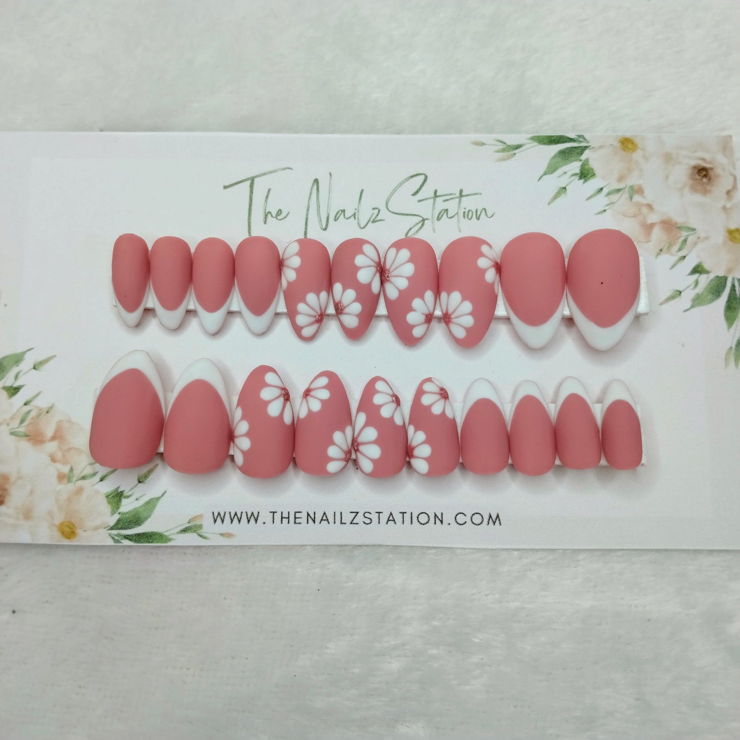 The NailzStation Matte Nude Floral French Press on Fake Artificial Nails Set with glue, filer, sticker application kit // 1395