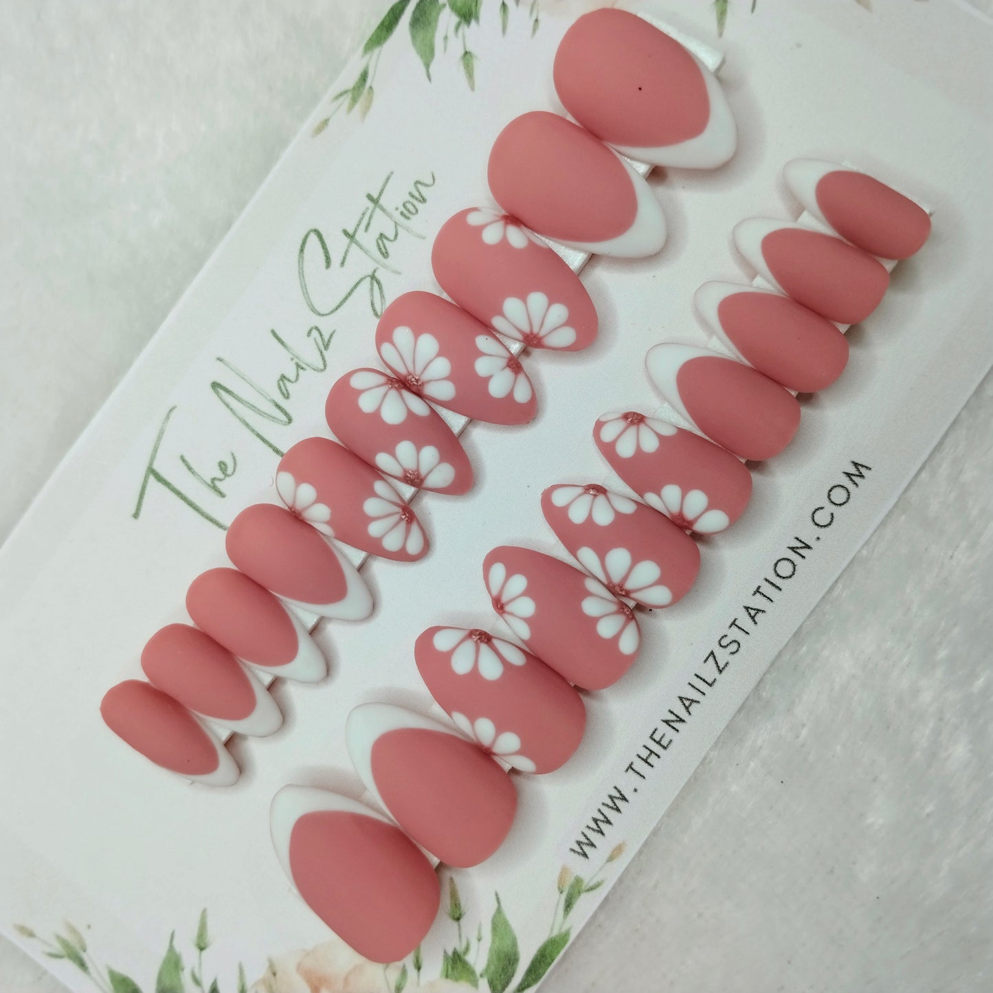 The NailzStation Matte Nude Floral French Press on Fake Artificial Nails Set with glue, filer, sticker application kit // 1395