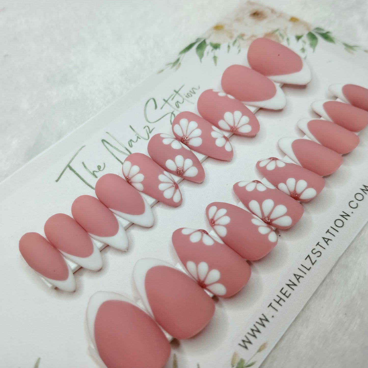 The NailzStation Matte Nude Floral French Press on Fake Artificial Nails Set with glue, filer, sticker application kit // 1395