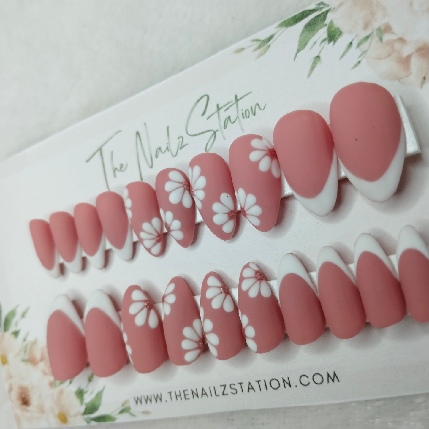 The NailzStation Matte Nude Floral French Press on Fake Artificial Nails Set with glue, filer, sticker application kit // 1395