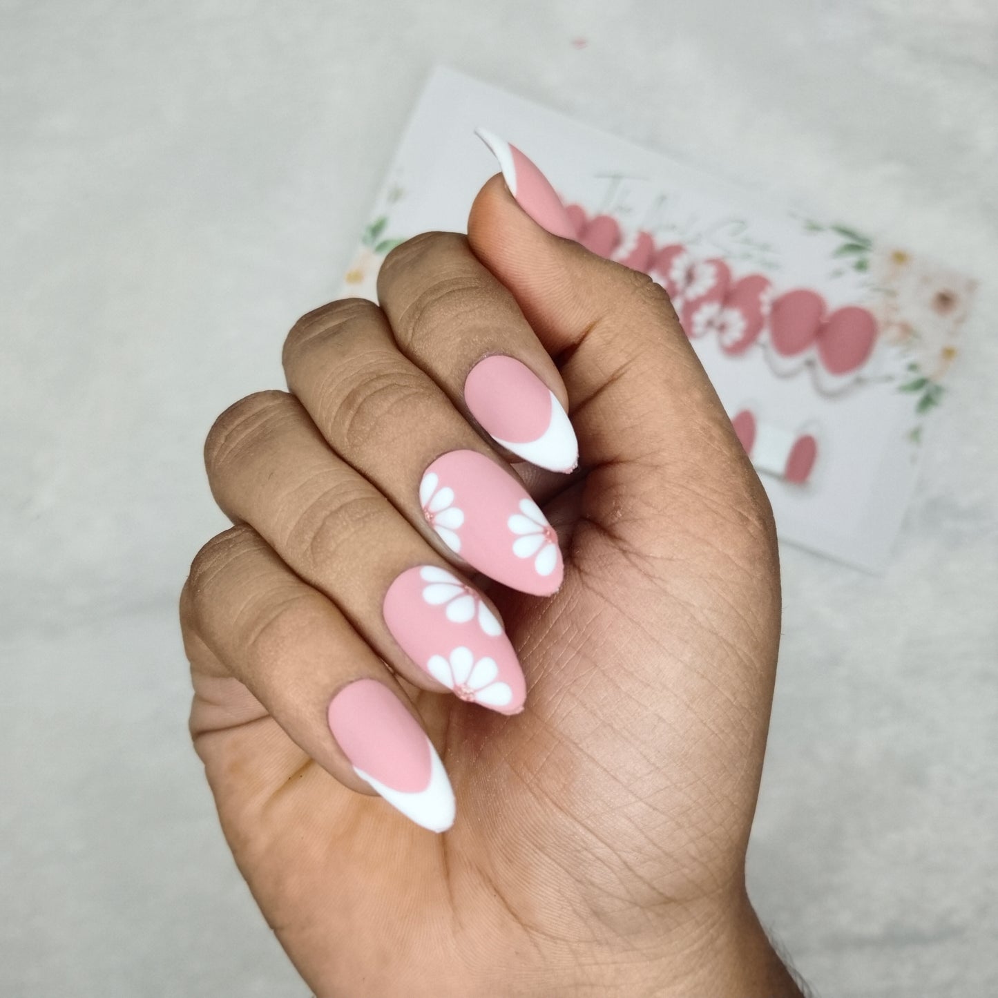 The NailzStation Matte Nude Floral French Press on Fake Artificial Nails Set with glue, filer, sticker application kit // 1395