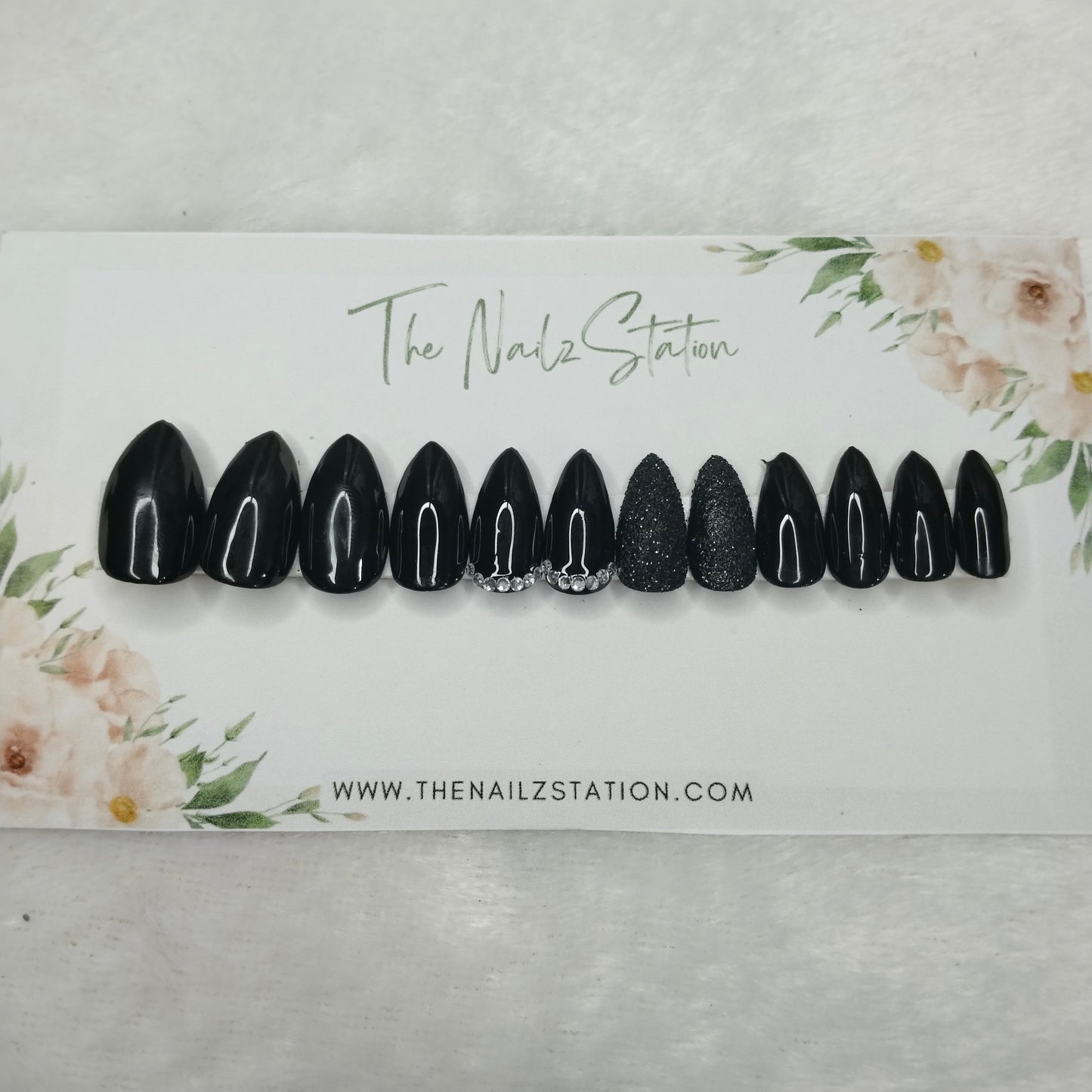 The NailzStation Glossy Black Glitter Studded Press on Fake Artificial Nails Set with glue, filer, sticker application kit // 1394