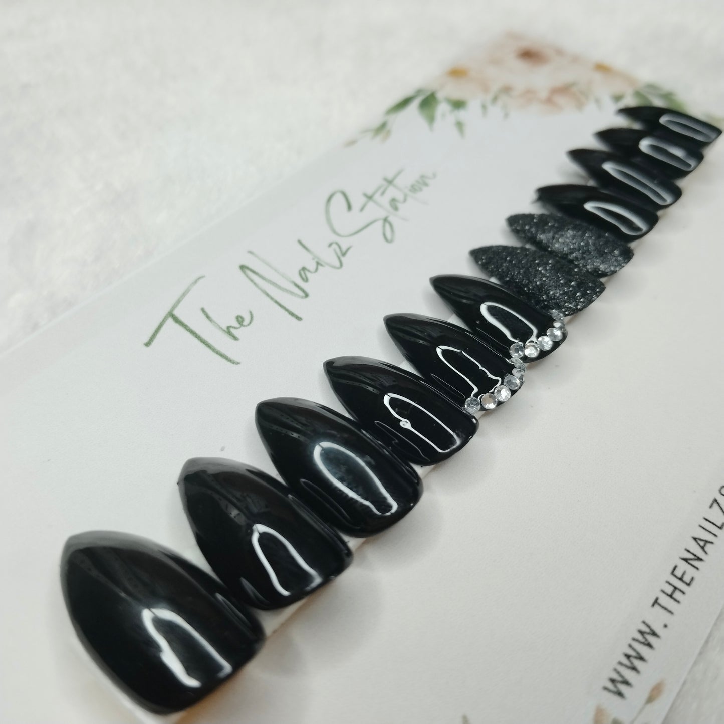 The NailzStation Glossy Black Glitter Studded Press on Fake Artificial Nails Set with glue, filer, sticker application kit // 1394