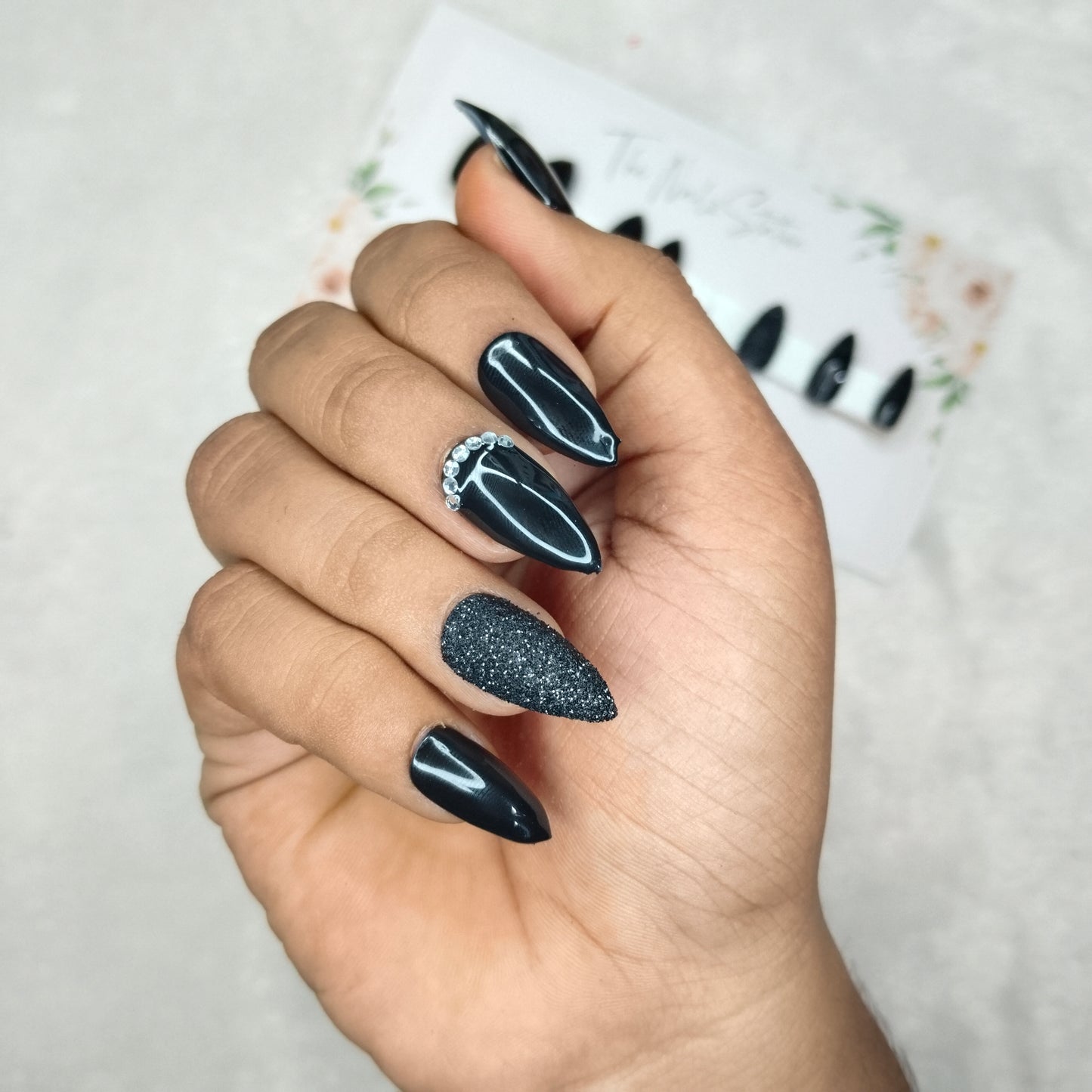 The NailzStation Glossy Black Glitter Studded Press on Fake Artificial Nails Set with glue, filer, sticker application kit // 1394