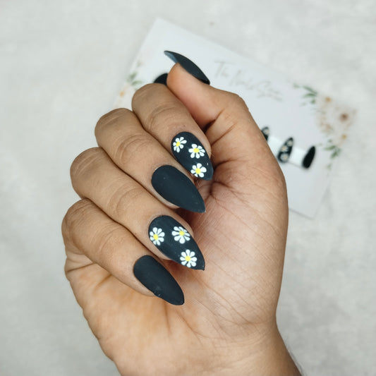 The NailzStation Matte Black Floral Press on Fake Artificial Nails Set with glue, filer, sticker application kit // 1393