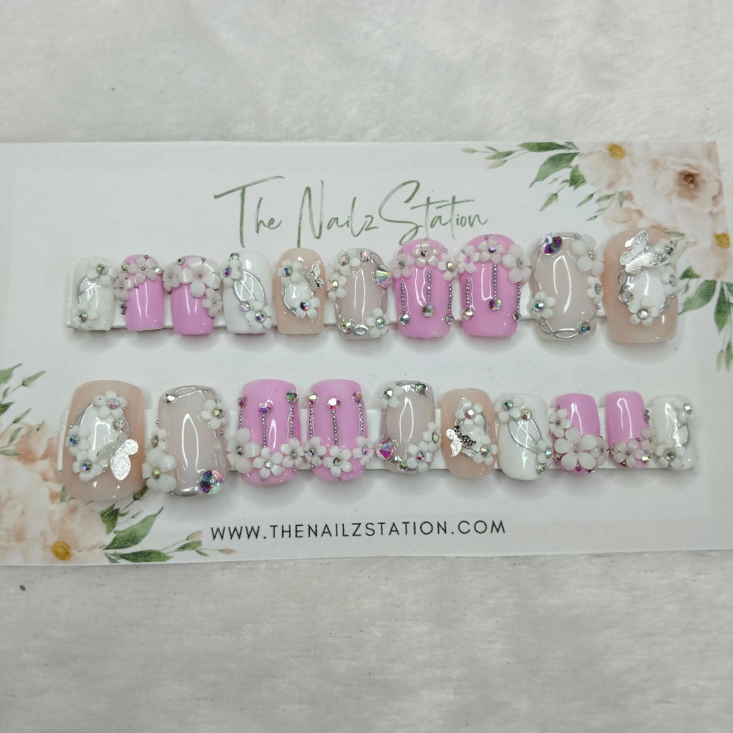 The NailzStation Glossy 3D Pink and Nude Flower Garden Press on Fake Artificial Nails Set with glue, filer, sticker application kit // 1392