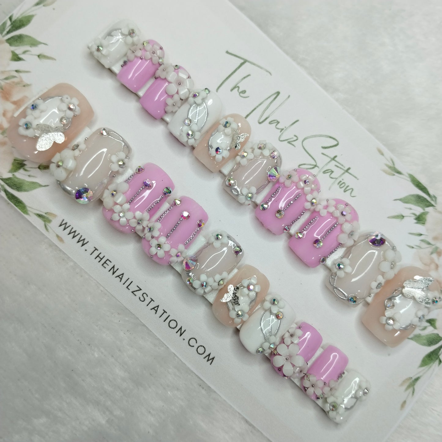 The NailzStation Glossy 3D Pink and Nude Flower Garden Press on Fake Artificial Nails Set with glue, filer, sticker application kit // 1392