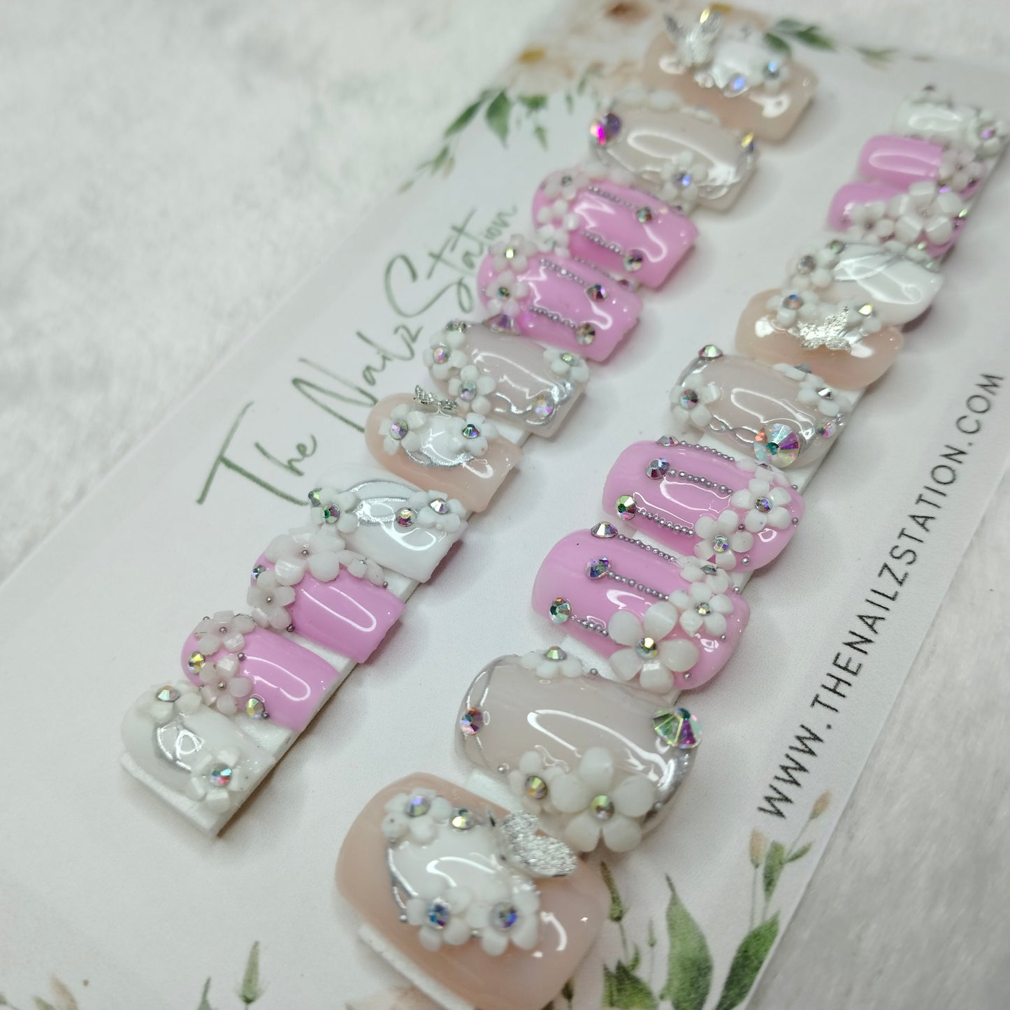 The NailzStation Glossy 3D Pink and Nude Flower Garden Press on Fake Artificial Nails Set with glue, filer, sticker application kit // 1392