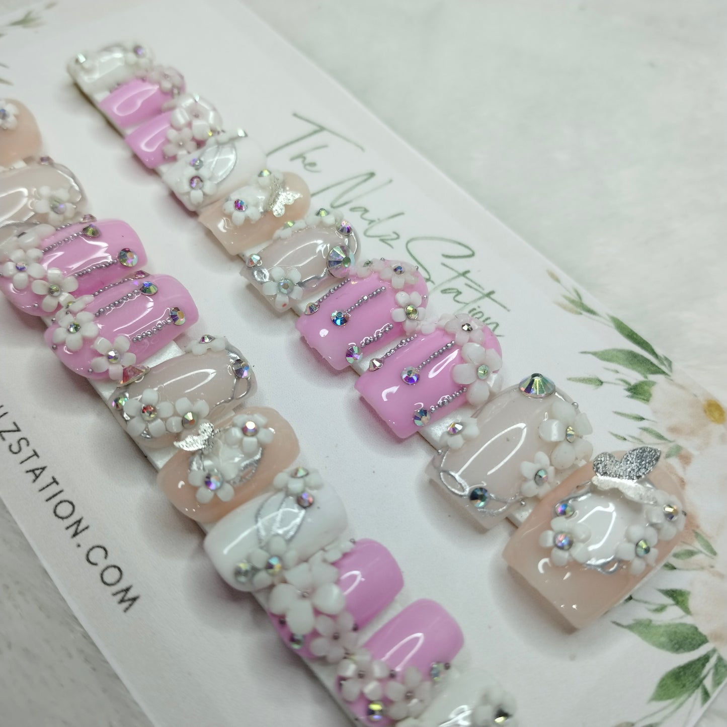 The NailzStation Glossy 3D Pink and Nude Flower Garden Press on Fake Artificial Nails Set with glue, filer, sticker application kit // 1392