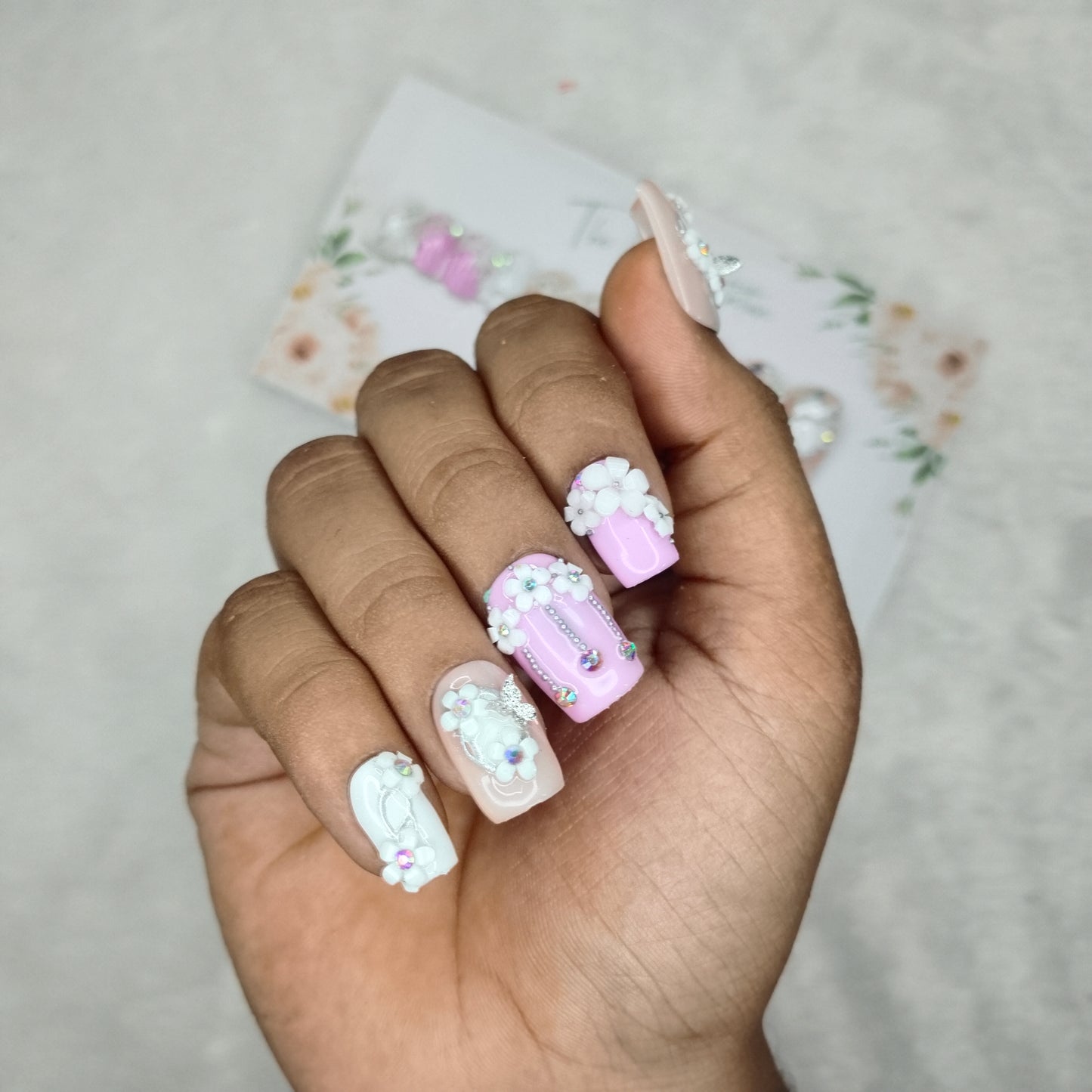 The NailzStation Glossy 3D Pink and Nude Flower Garden Press on Fake Artificial Nails Set with glue, filer, sticker application kit // 1392