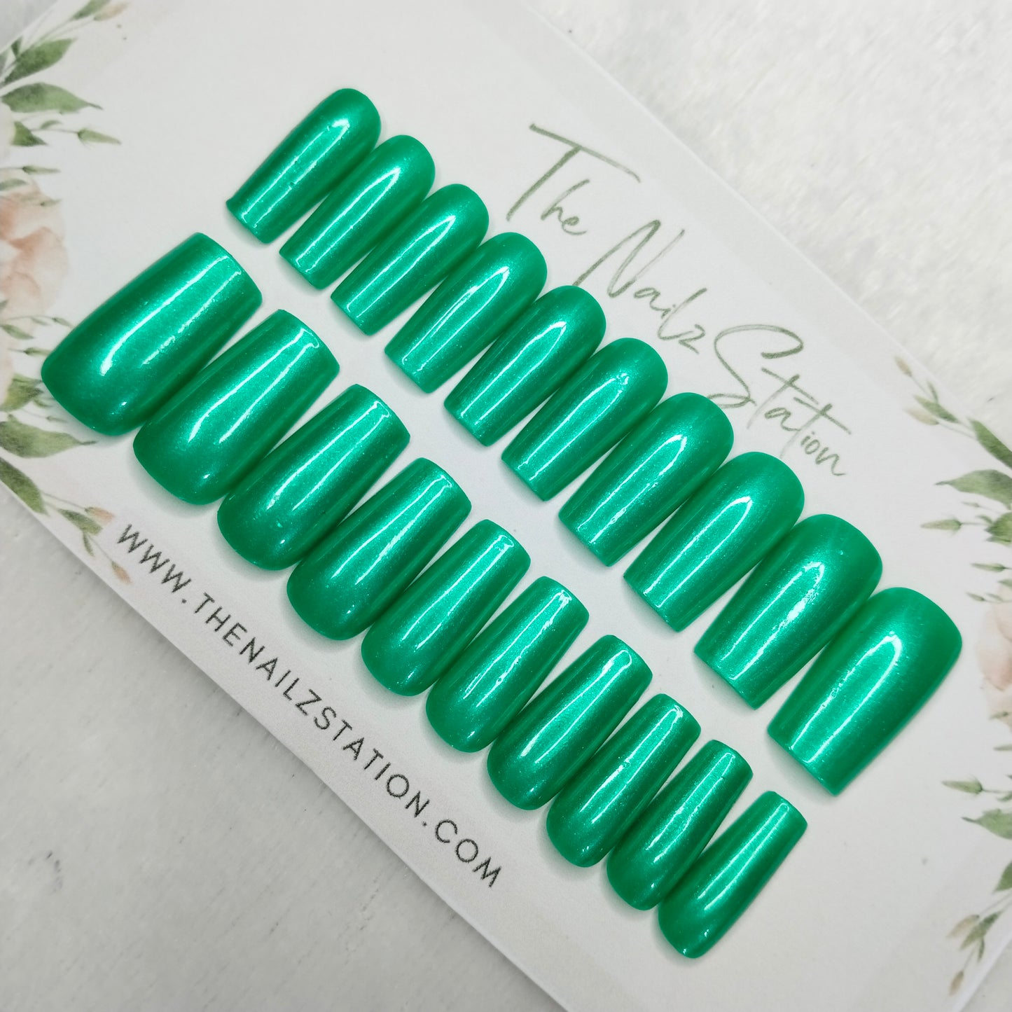 The NailzStation Sea Green Shimmer Chrome Press on Fake Artificial Nails Set with glue, filer, sticker application kit SB-SY-83