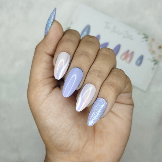 The NailzStation Glossy Light Purple Glitter Swirls Press on Fake Artificial Nails Set with glue, filer, sticker application kit // 1495