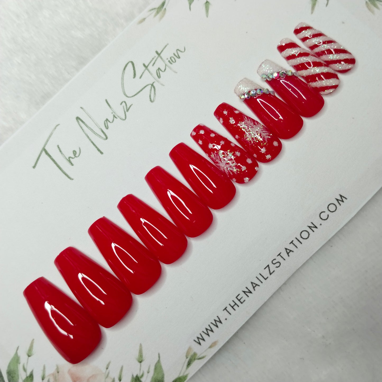 The NailzStation Glossy Red Christmas Snowflakes Press on Fake Artificial Nails Set with glue, filer, sticker application kit // 1543