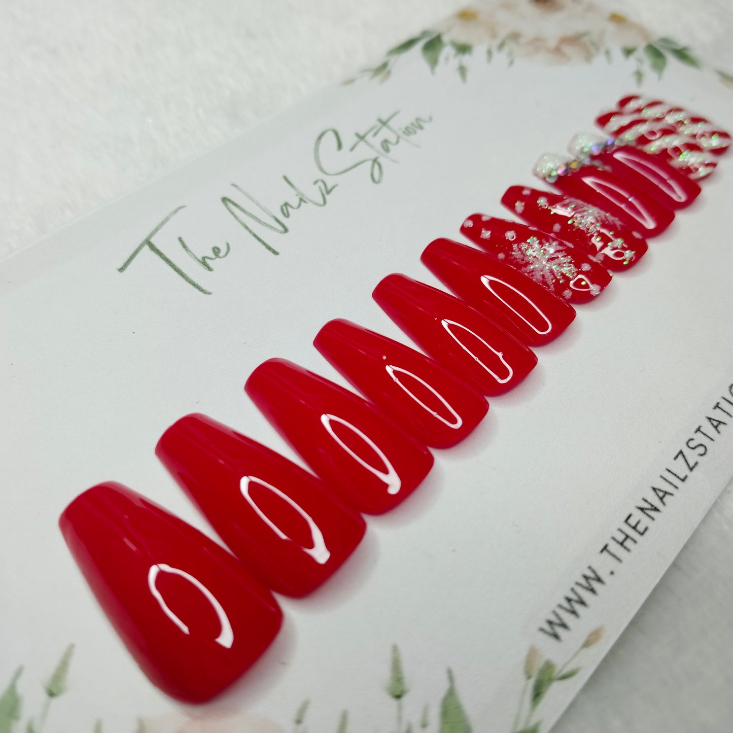 The NailzStation Glossy Red Christmas Snowflakes Press on Fake Artificial Nails Set with glue, filer, sticker application kit // 1543
