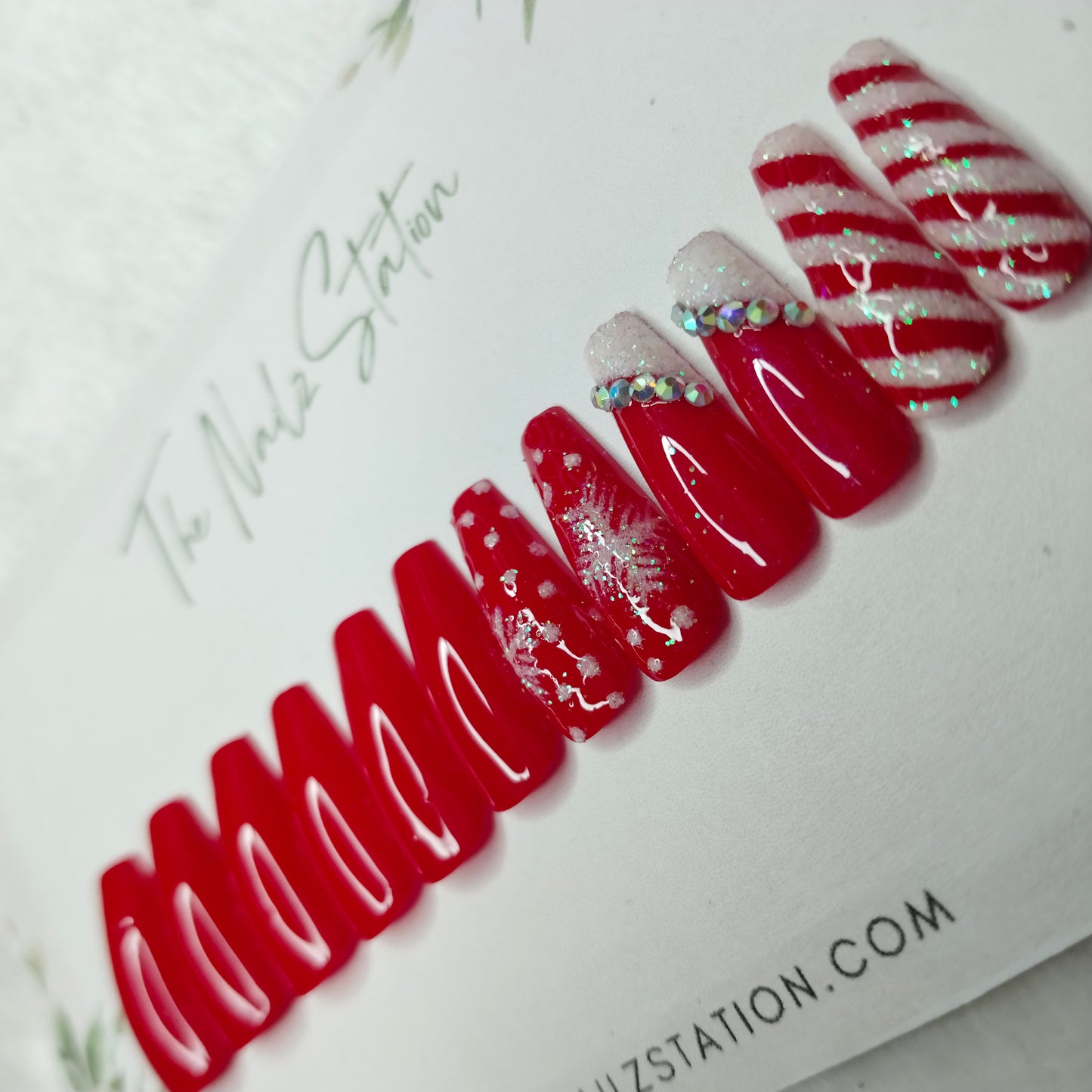 The NailzStation Glossy Red Christmas Snowflakes Press on Fake Artificial Nails Set with glue, filer, sticker application kit // 1543