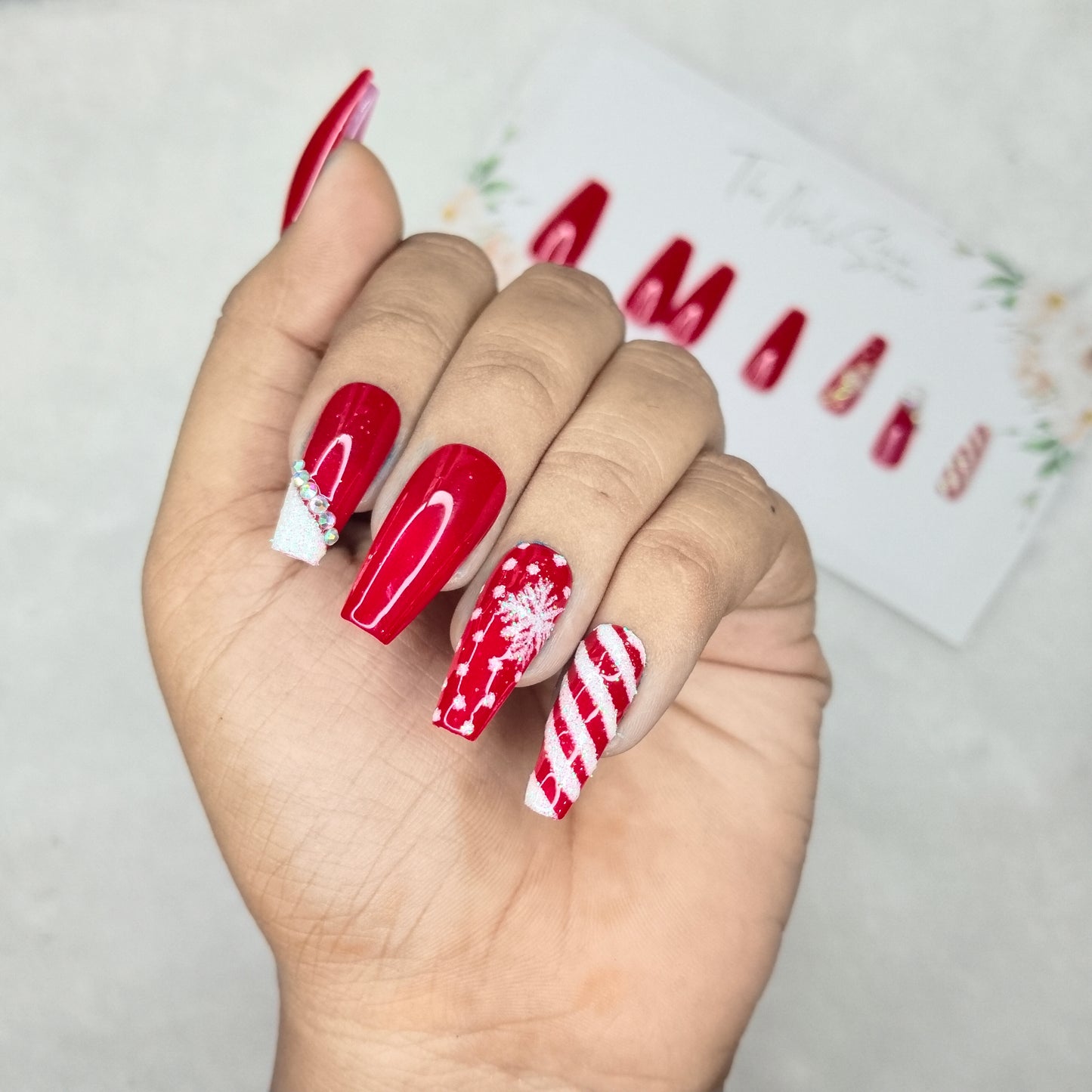 The NailzStation Glossy Red Christmas Snowflakes Press on Fake Artificial Nails Set with glue, filer, sticker application kit // 1543