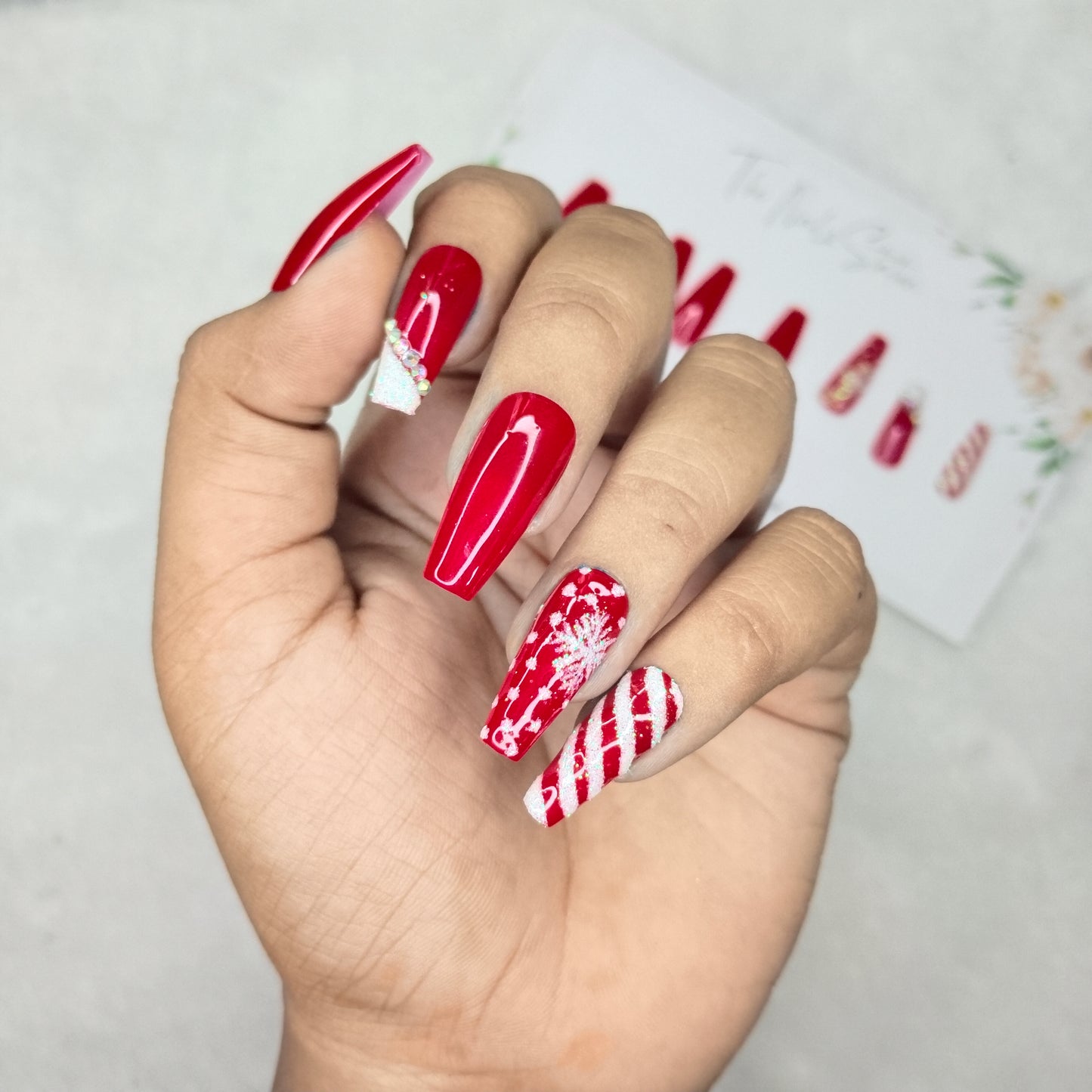 The NailzStation Glossy Red Christmas Snowflakes Press on Fake Artificial Nails Set with glue, filer, sticker application kit // 1543