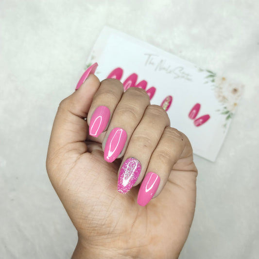 The NailzStation Glossy Pink Glitter Press on Fake Artificial Nails Set with glue, filer, sticker application kit // 1472