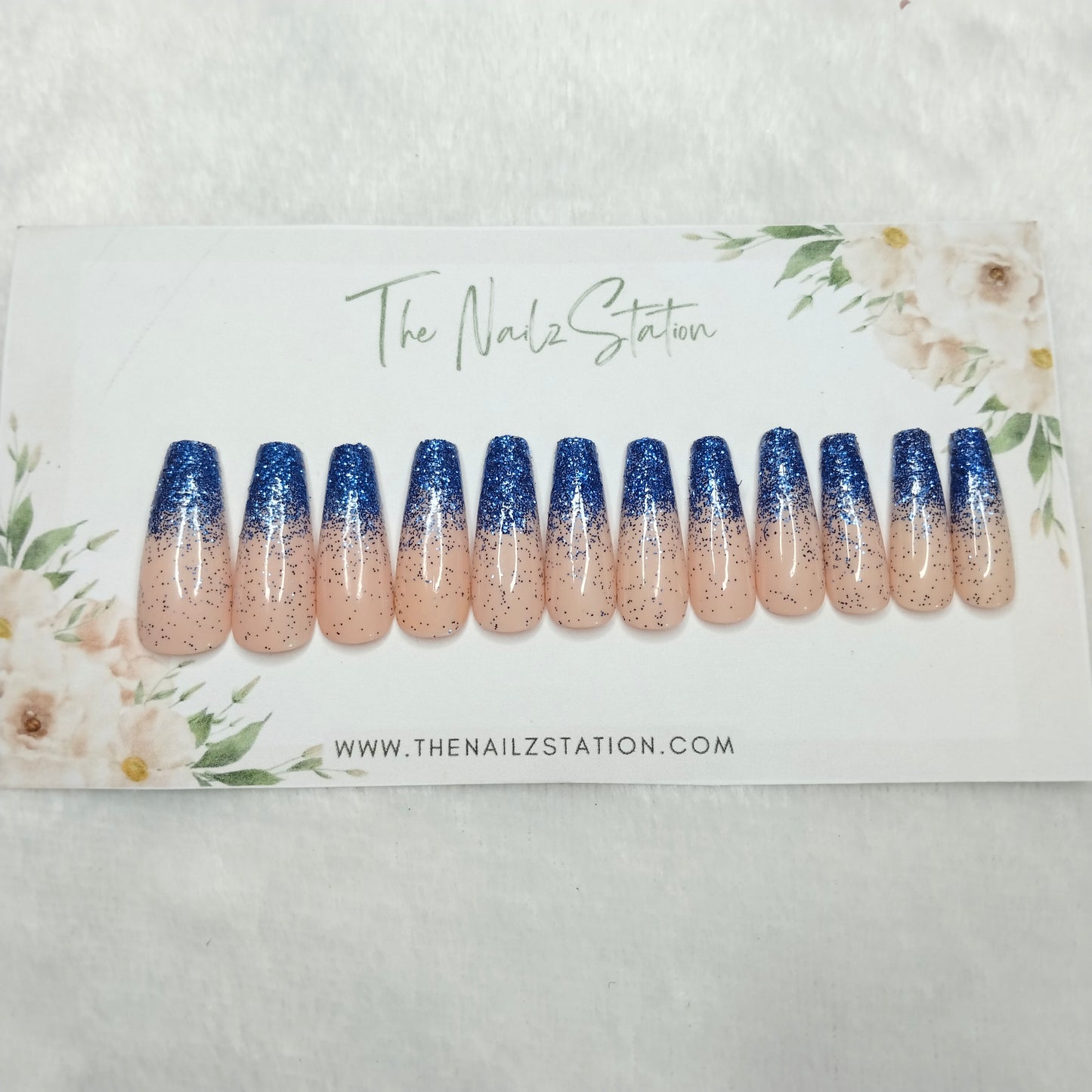 The NailzStation Glossy Nude Blue Glitter Ombre Press on Fake Artificial Nails Set with glue, filer, sticker application kit // 1474