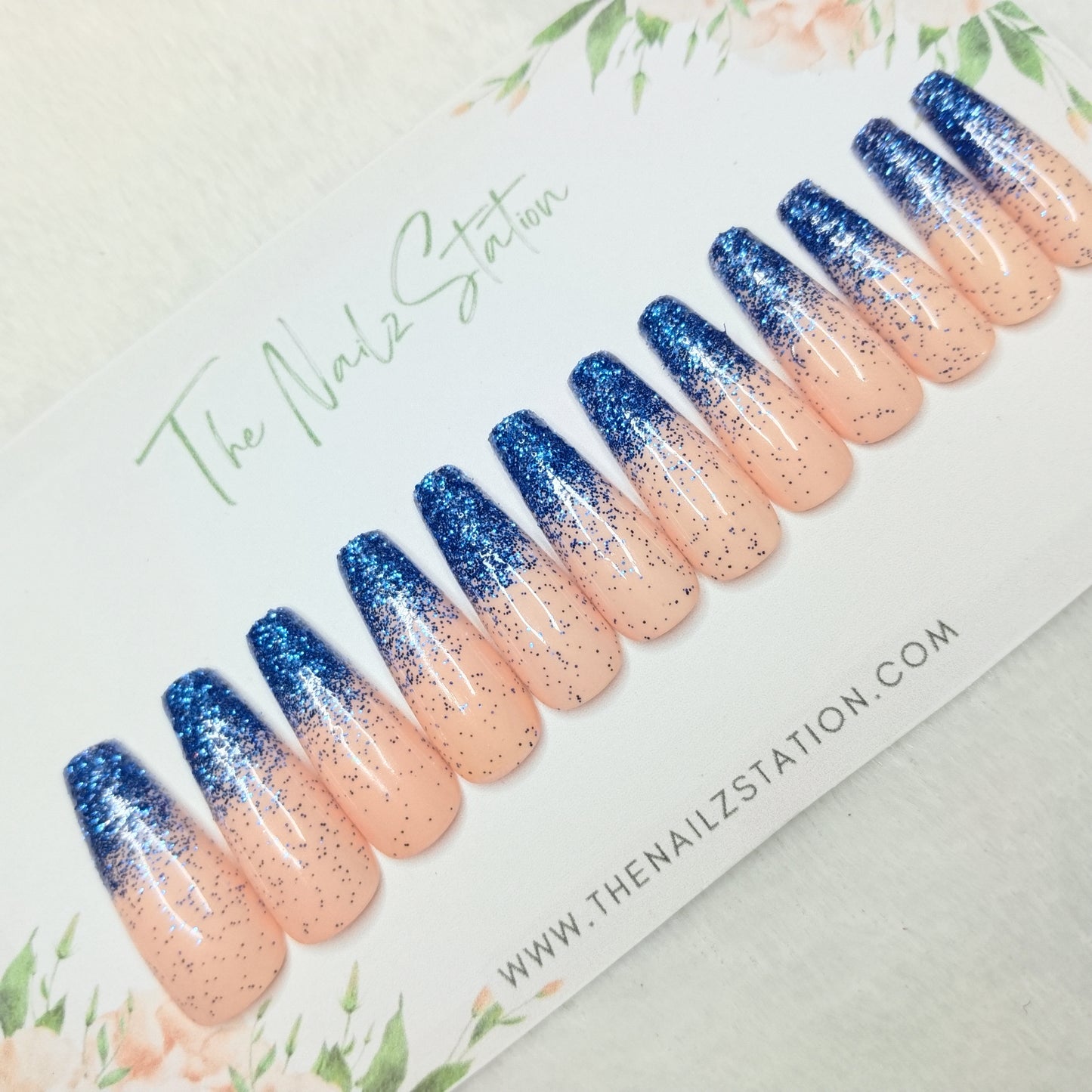 The NailzStation Glossy Nude Blue Glitter Ombre Press on Fake Artificial Nails Set with glue, filer, sticker application kit // 1474