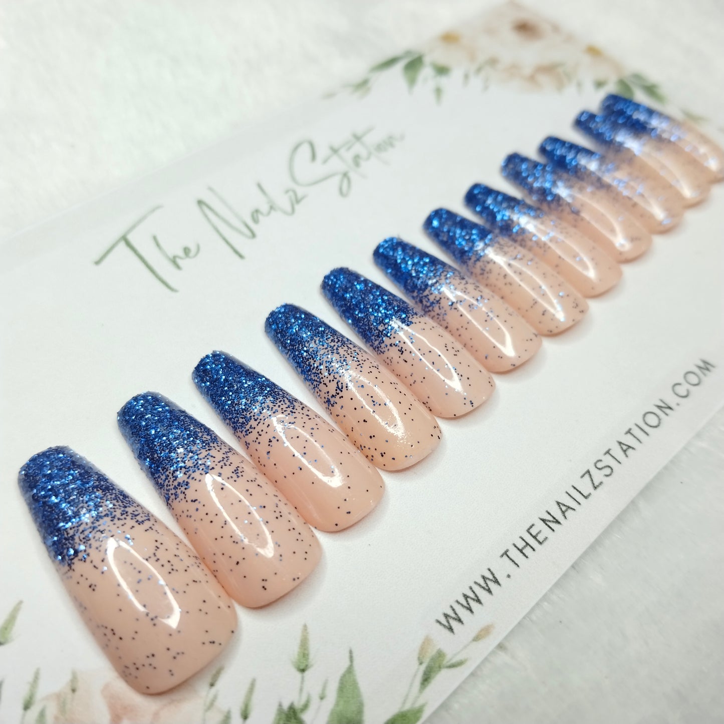 The NailzStation Glossy Nude Blue Glitter Ombre Press on Fake Artificial Nails Set with glue, filer, sticker application kit // 1474