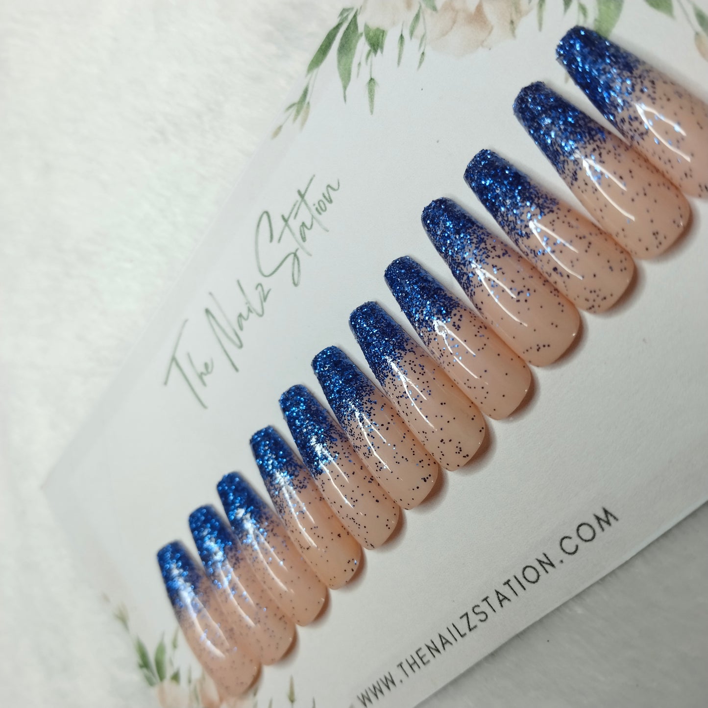 The NailzStation Glossy Nude Blue Glitter Ombre Press on Fake Artificial Nails Set with glue, filer, sticker application kit // 1474