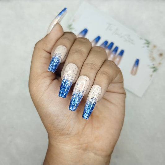 The NailzStation Glossy Nude Blue Glitter Ombre Press on Fake Artificial Nails Set with glue, filer, sticker application kit // 1474