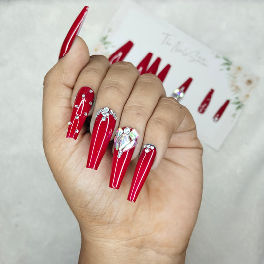 The NailzStation Glossy Red Studded Press on Fake Artificial Nails Set with glue, filer, sticker application kit // 1480