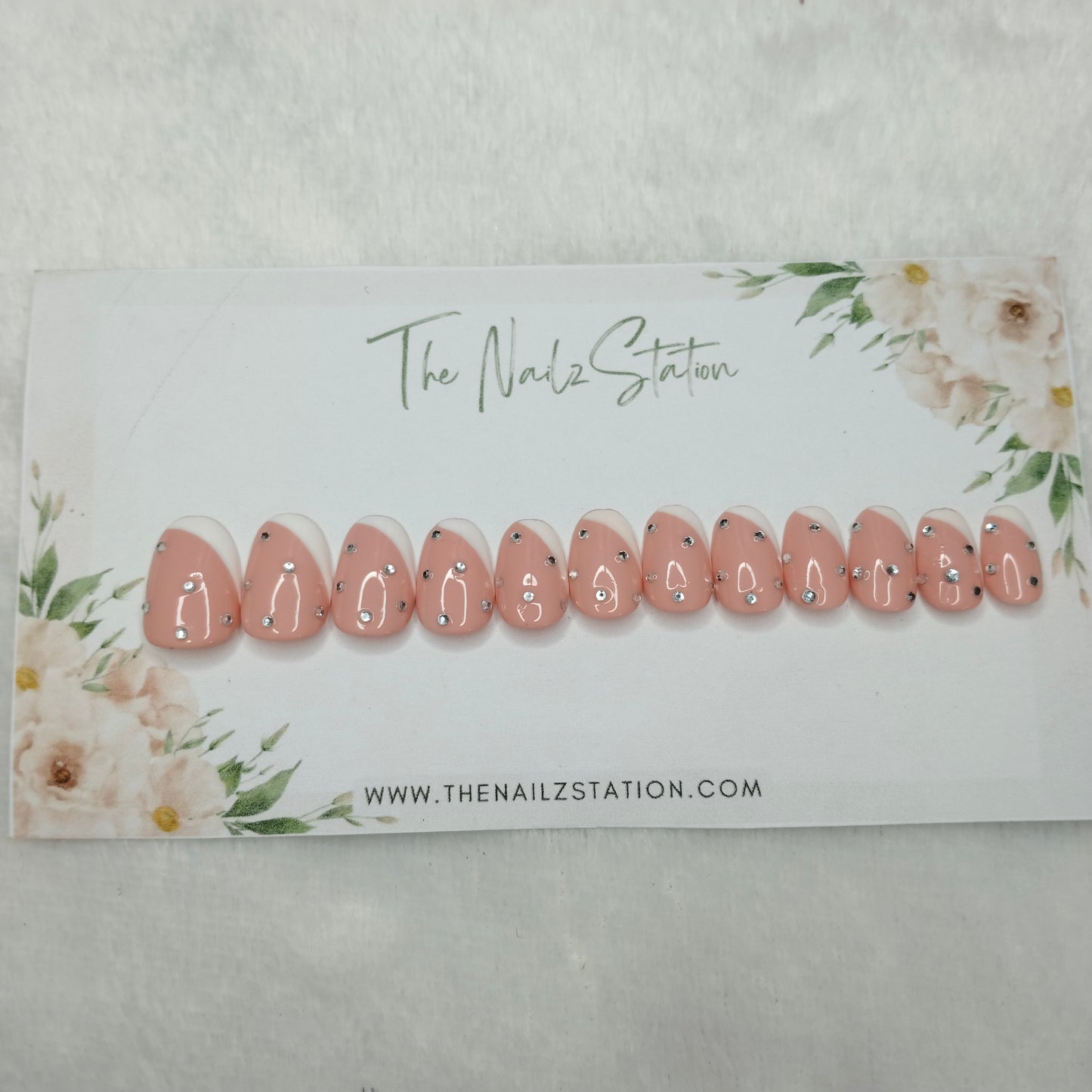 The NailzStation Glossy Nude Studded French Press on Fake Artificial Nails Set with glue, filer, sticker application kit // 1486