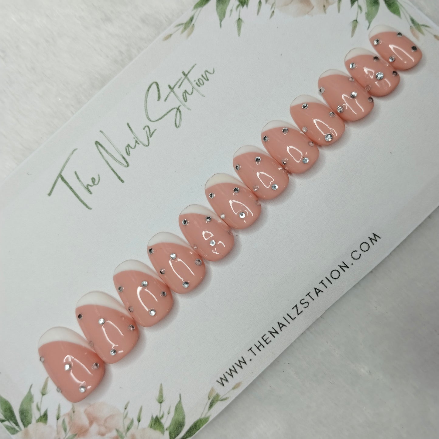 The NailzStation Glossy Nude Studded French Press on Fake Artificial Nails Set with glue, filer, sticker application kit // 1486