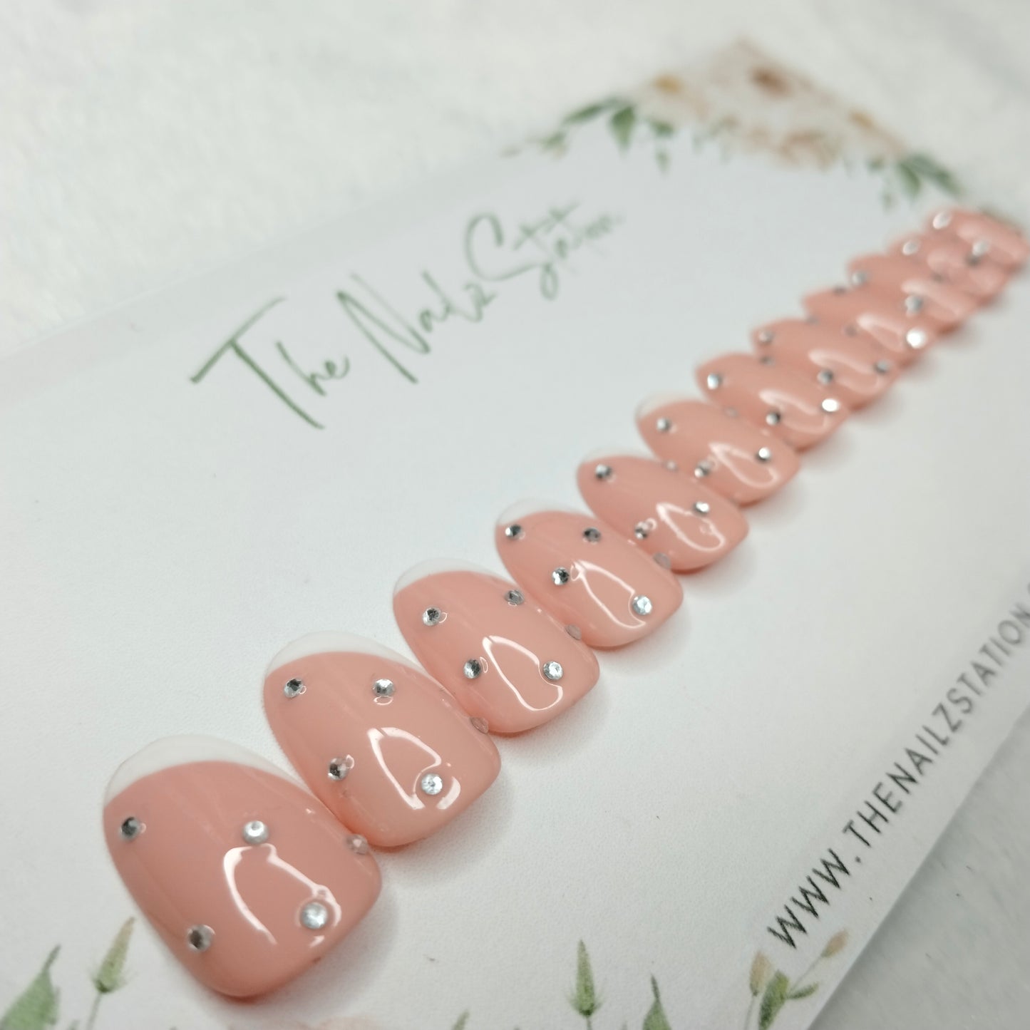 The NailzStation Glossy Nude Studded French Press on Fake Artificial Nails Set with glue, filer, sticker application kit // 1486