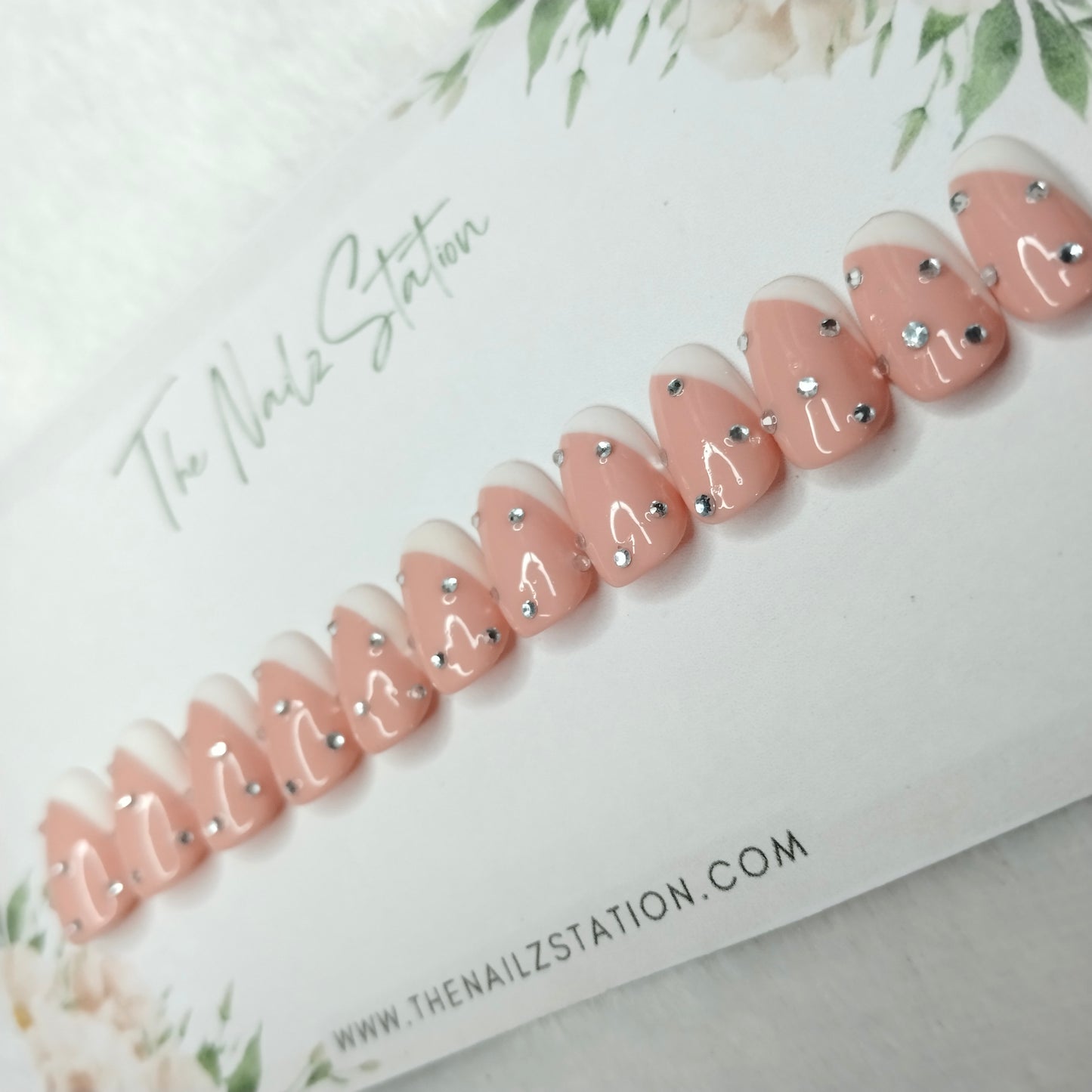 The NailzStation Glossy Nude Studded French Press on Fake Artificial Nails Set with glue, filer, sticker application kit // 1486