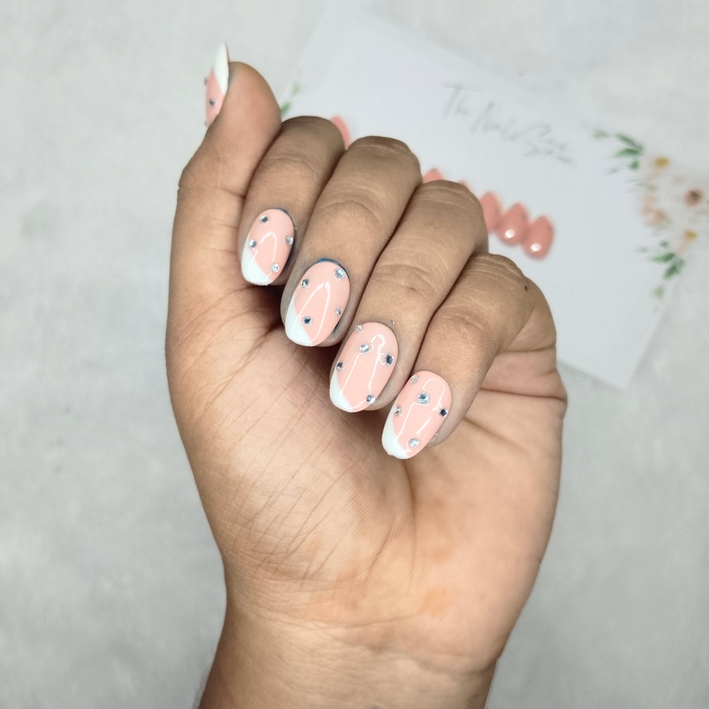 The NailzStation Glossy Nude Studded French Press on Fake Artificial Nails Set with glue, filer, sticker application kit // 1486