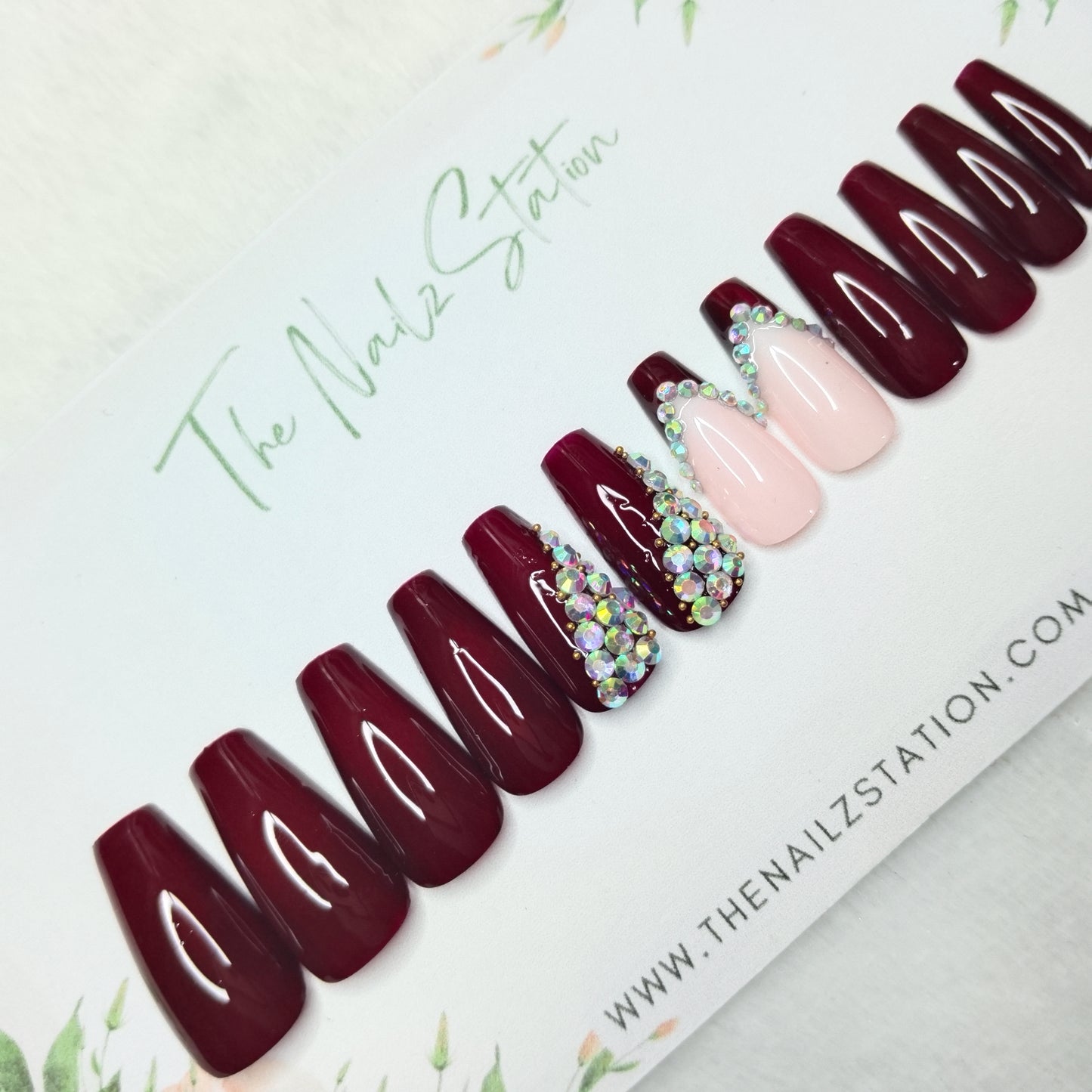 The NailzStation Glossy Maroon Studded French Press on Fake Artificial Nails Set with glue, filer, sticker application kit // 1519