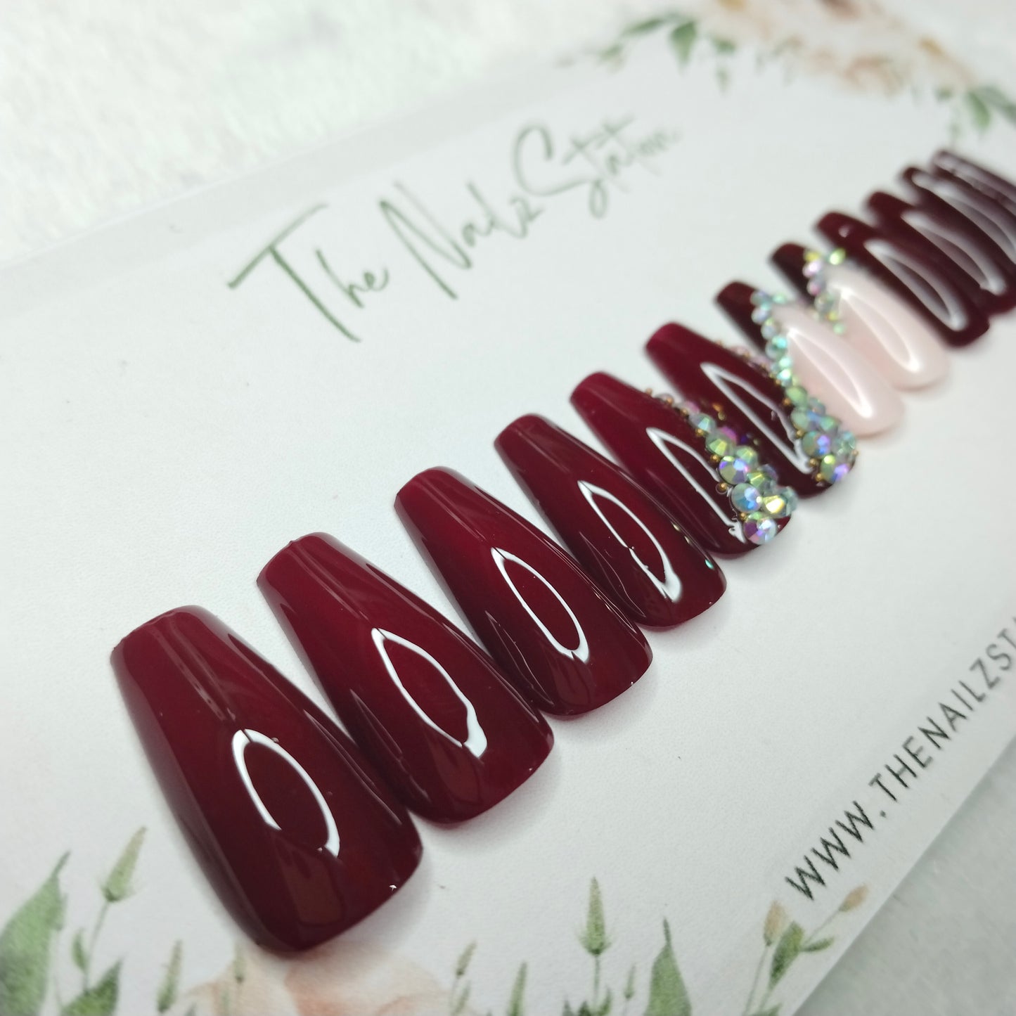 The NailzStation Glossy Maroon Studded French Press on Fake Artificial Nails Set with glue, filer, sticker application kit // 1519