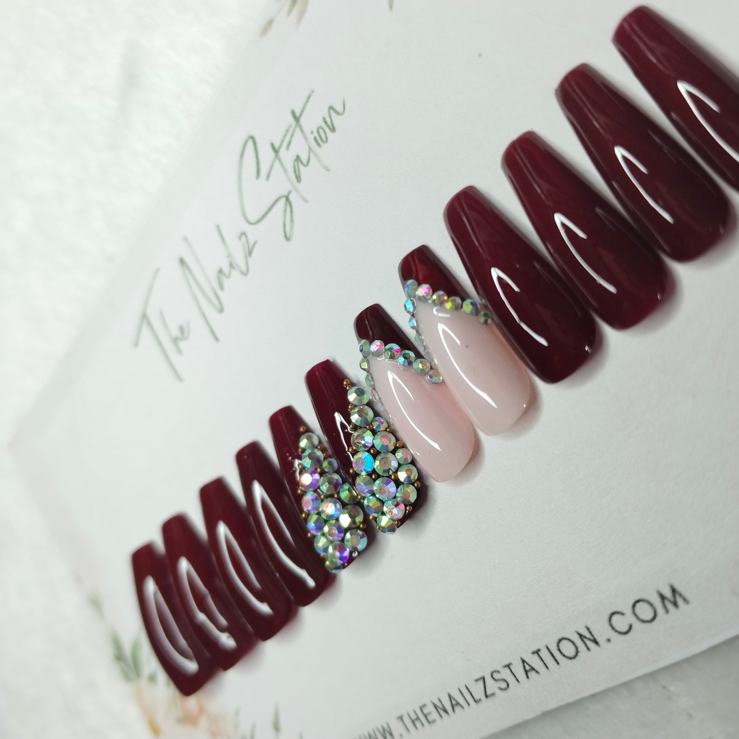 The NailzStation Glossy Maroon Studded French Press on Fake Artificial Nails Set with glue, filer, sticker application kit // 1519