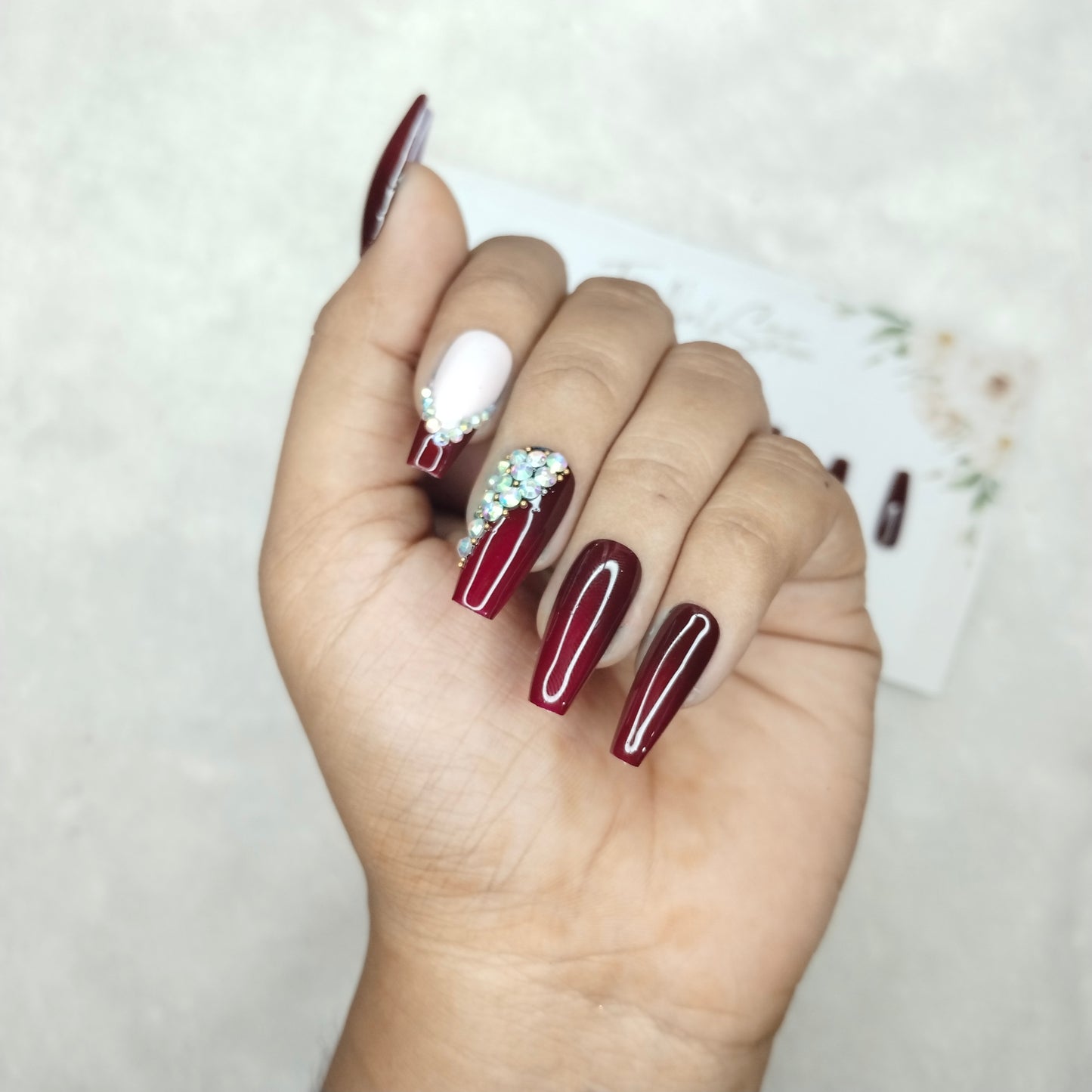 The NailzStation Glossy Maroon Studded French Press on Fake Artificial Nails Set with glue, filer, sticker application kit // 1519