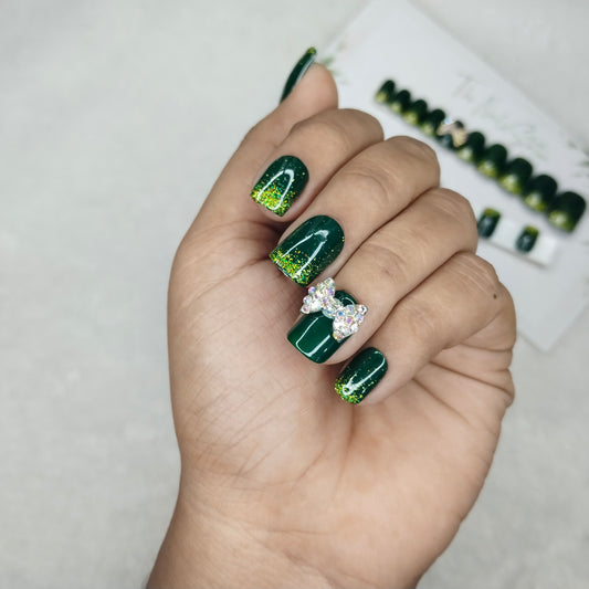The NailzStation Glossy Green Glitter Ombre 3D Bow Press on Fake Artificial Nails Set with glue, filer, sticker application kit // 1440