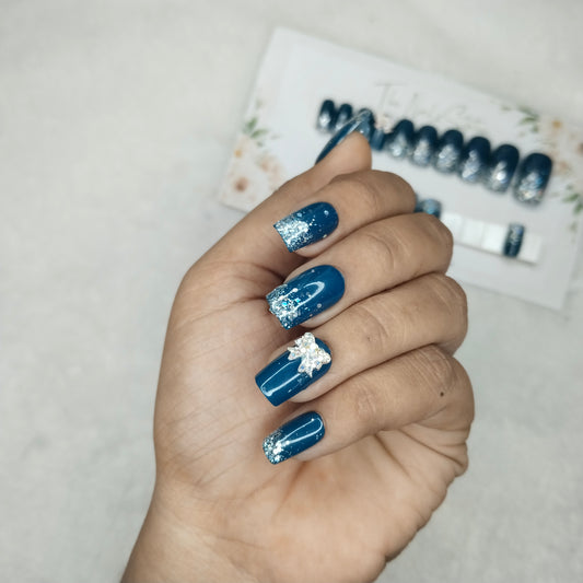 The NailzStation Glossy Blue Glitter Ombre 3D Bow Press on Fake Artificial Nails Set with glue, filer, sticker application kit // 1443