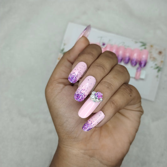 The NailzStation Glossy Light Pink Glitter Ombre 3D Press on Fake Artificial Nails Set with glue, filer, sticker application kit // 1442